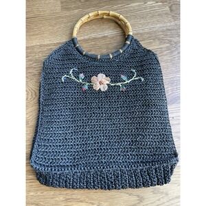 Vintage Black Crocheted  Handbag W/ Bamboo Handles, Floral Scala Gal